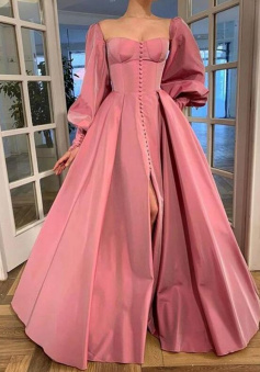 Floor-Length A-Line Long Sleeves Square Ruffles Satin Prom Dresses