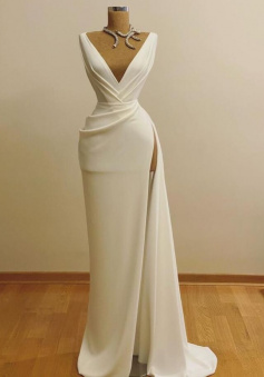 Simple A Line V Neck Long Prom Dresses with Slit Side