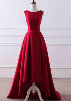 Simple High Low Satin Wine Red Formal Dress