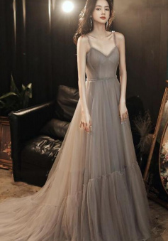 A line v neck tulle long evening dress