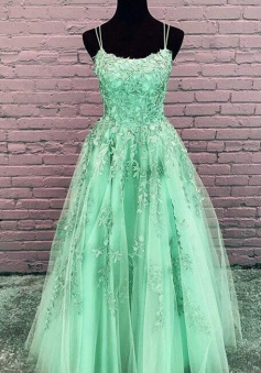 Elegant A LIne Tulle Floor Length Lace Prom Dresses