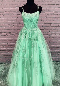 Elegant A LIne Tulle Floor Length Lace Prom Dresses