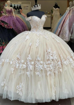 Off The Shoulder Ball Gown Champagne Lace Appliques Party Dresses