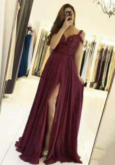 A Line Burgundy Chiffon long prom dress lace evening dress