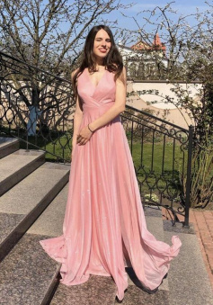 Simple Pink v neck long chiffon prom dress