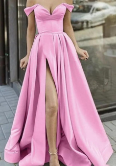 Off Shoulder Pink Satin Prom Dresses with High Slit