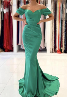 Mermaid Green satin long prom evening dress