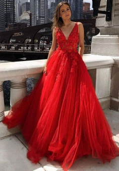 Floor Length A Line Red Tulle Prom Dresses Evening Dress