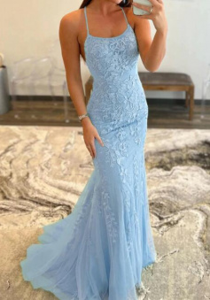 Open Back Light Blue Lace Prom Dresses