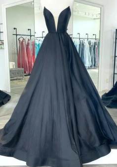 Simple Black V Neck Satin Prom Dresses Formal Dresses