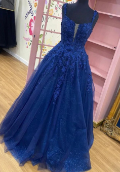 Floor Length Navy Blue Lace Prom Dresses Graduation Dresses