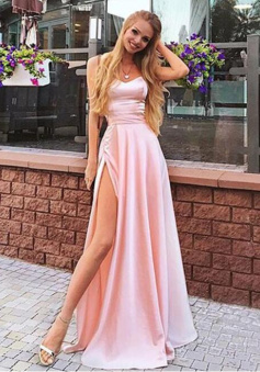 A Line Pink Satin Long Prom Dresses with Split