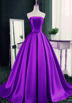 Strapless A Line Purple Long Satin Prom Dresses