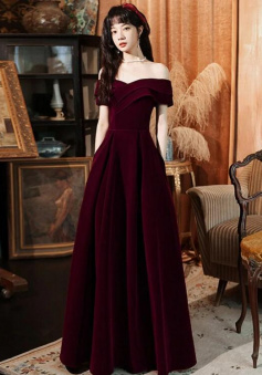 A-Line Dark Red Velvet Long Prom Dress 2022