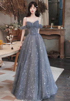 Off Shoulder Tulle Prom Dress Beaded A-Line Evening Dresses