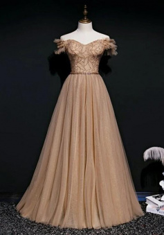 Off Shoulder Champagne Beaded Long Tulle Prom Party Dress