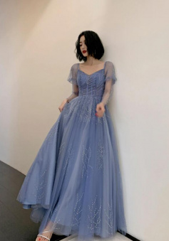 Beautiful A Line Blue Tulle Beaded Long Formal Dress
