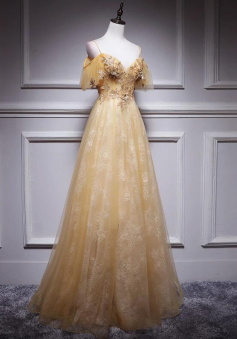 A Line Champagne Lace Off Shoulder Tulle Formal Dress