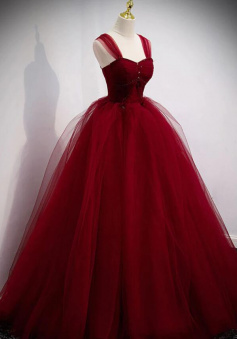 Wine Red Tulle Ball Gown Burgundy Prom Dress