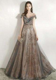 Mermaid Grey Shiny Tulle And Lace V-Neckline Prom Dress