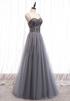 Grey Sweetheart Shiny Tulle Long Prom Dresses