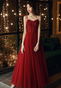 Sweeteart Tulle Wine Red Beaded Prom Dresses