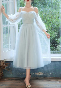 Charming Light Blue Tea Length Party Dress With Puffy Sleeves