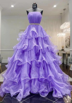 Mermaid Ruffled Organza Purple Long Prom Dress Graduation Dresses