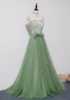 A Line Green Lace Long Prom Dresses Graduation Dresses