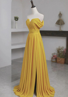 Off the Shoulder Yellow A Line Chiffon Prom Dresses