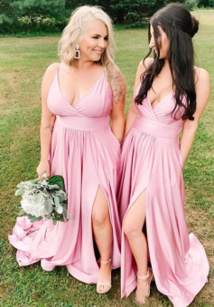 A Line V Neck Pink Long Bridesmaid Dresses