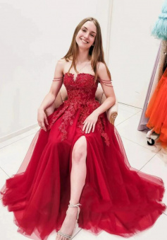 Off Shoulder Wine Red Lace Formal Prom Dresses