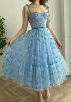 Cute Blue Tea Length Tulle Prom Dresses