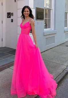 Simple Hot Pink Tulle Long Formal Prom Dresses