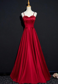 Sweetheart Dark Red Straps Satin Long Party Dress