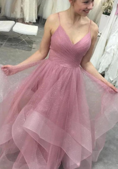 A Line Pink V-Neckline Tulle Straps Prom Dress