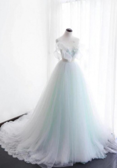 Mint Green And White Tulle Formal Dresses With Lace