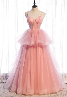 Mermaid Pink Tulle Sweetheart Straps Long Party Dresses