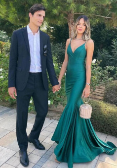 Simple Green V Neck Mermaid Backless Satin Prom Evening Dresses