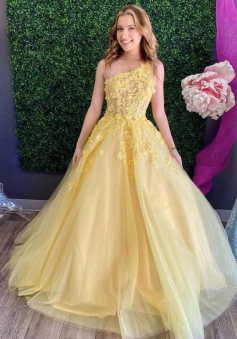 One Shoulder Yellow Tulle Long Prom Dresses With Lace