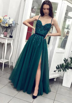 Spaghetti Straps Long Beaded Green Formal Dresses