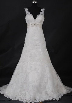 Elegant Modest A Line V Neck Lace Wedding Dress
