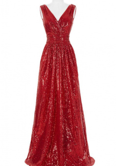 A Line Burgundy Sequins Long Prom Dresses