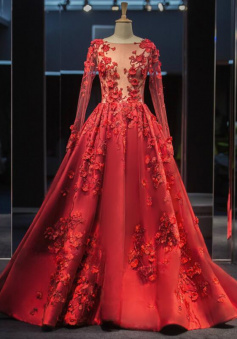 Vintage Long Sleeve ball gowns red stain prom dress