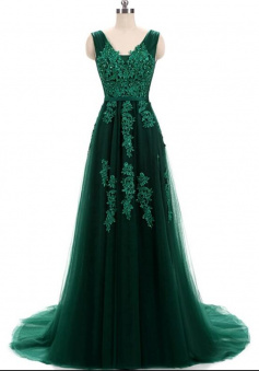 Mermaid Hunter Green Lace Applique Tulle Prom Dresses