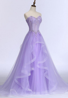 Sweetheart mermaid Purple TUlle Prom Dress with Lace