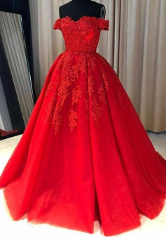 Off Shoulder ball gown Red Lace Evening Dresses