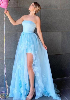 Strapless Light Blue Floral Long Prom Dresses with Slit