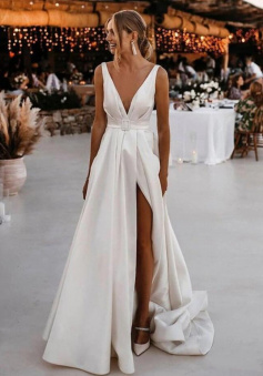 Deep V Neck White Satin Prom Dresses with High Slit