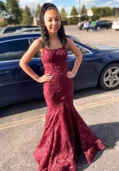 A Line burgundy lace long prom dress with spaghetti straps